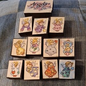 Angel Rubber Stamp watching over hearts star music flowers angelic chorus wings